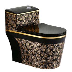 Bồn cầu đen hoa vàng nguyên khối B3862P phong cách hoàng gia Bồn cầu đen hoa vàng thiết kế sang trọng