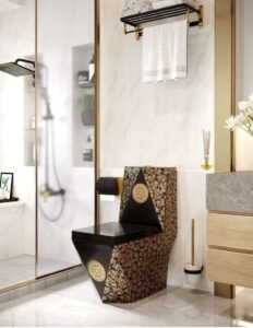 Bồn cầu đen hoa vàng kim cương B3678K thiết kế sang trọng Bồn cầu đen hoa vàng kim cương trong nhà tắm sang trọng