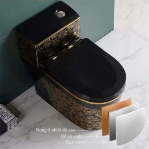 Bồn cầu đen hoa vàng nguyên khối B3862P phong cách hoàng gia Bồn cầu đen hoa vàng men sứ cao cấp