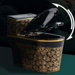 Bồn cầu đen hoa vàng nguyên khối B3862P phong cách hoàng gia Bồn cầu đen hoa vàng nắp rơi êm