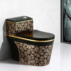 Bồn cầu đen hoa vàng nguyên khối