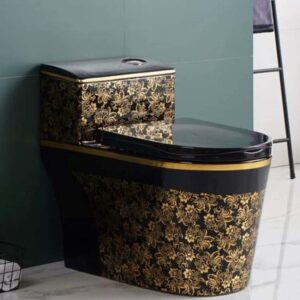 Bồn cầu đen hoa vàng nguyên khối B3862P phong cách hoàng gia Bồn cầu đen hoa vàng xả xoáy mạnh