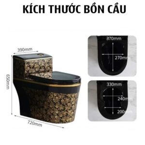 Bồn cầu đen hoa vàng nguyên khối B3862P phong cách hoàng gia Kích thước bồn cầu đen hoa vàng