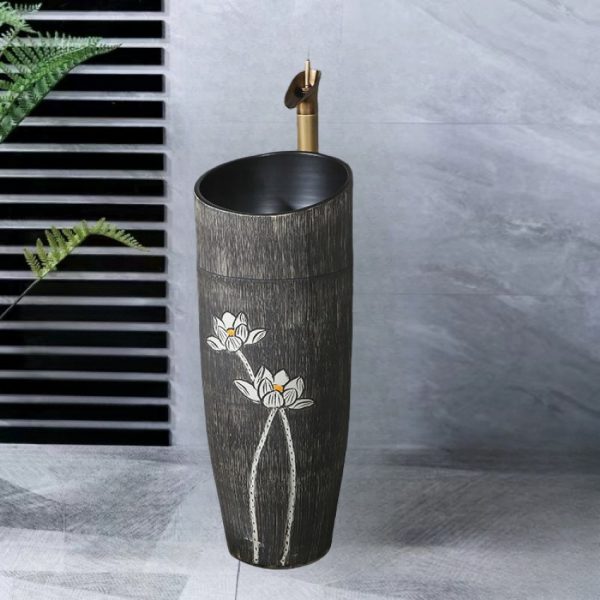 Lavabo sân vườn kiểu trụ đứng họa tiết hoa sen