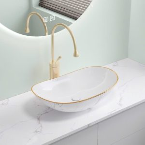 Chậu lavabo kiểu thuyền màu trắng vân đá viền vàng
