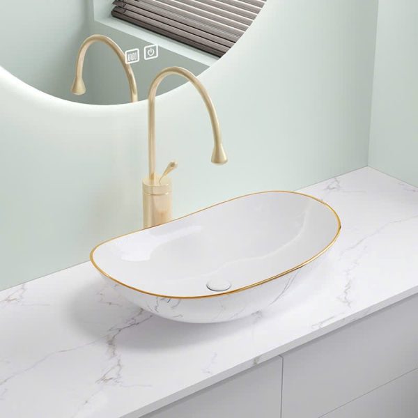 Chậu lavabo kiểu thuyền màu trắng vân đá viền vàng