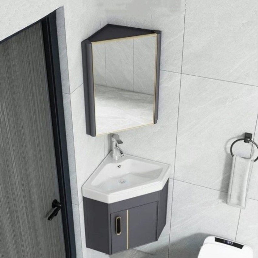 Bo tu lavabo treo goc tuong mini bang nhom tiet kiem khong gian Bộ tủ lavabo treo góc tường màu xám