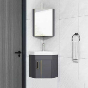 Bộ tủ lavabo treo góc tường nhỏ gọn làm bằng nhôm với khung chắc chắn tiết kiệm tối đa diện tích nhà tắm model T11NG Bộ tủ lavabo treo góc tường màu xám hiện đại