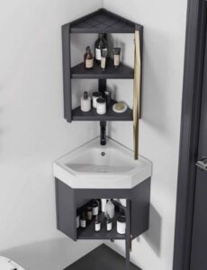 Bộ tủ lavabo treo góc tường nhỏ gọn làm bằng nhôm với khung chắc chắn tiết kiệm tối đa diện tích nhà tắm model T11NG Bộ tủ lavabo treo góc tường màu xám giúp nhà tắm gọn gàng hơn