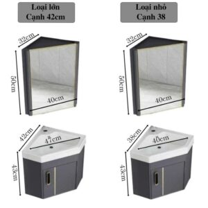 Bộ tủ lavabo treo góc tường nhỏ gọn làm bằng nhôm với khung chắc chắn tiết kiệm tối đa diện tích nhà tắm model T11NG Kích thước bộ tủ treo góc tường bằng nhôm