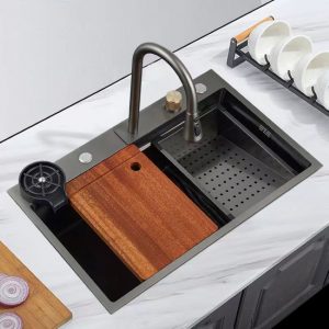 chậu chén 1 ngăn màu xám đen kiểu thác nước