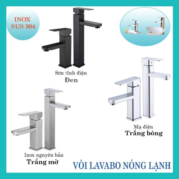 Vòi lavabo nóng lạnh kiểu vuông bằng thép không inox 304