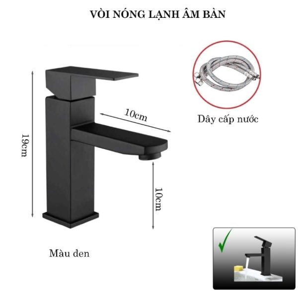 Vòi lavabo nóng lạnh màu đen kiểu vuông dành cho chậu âm bàn