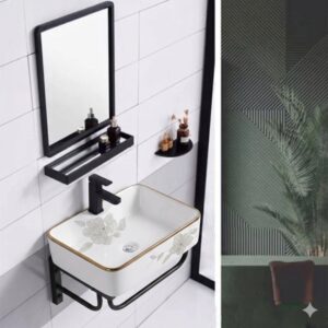 Bộ lavabo treo tường kiểu vuông LT3748 thiết kế hiện đại nhiều màu sắc và họa tiết để lựa chọn đã có gương và kệ gương Bộ lavabo treo tường hoa vàng
