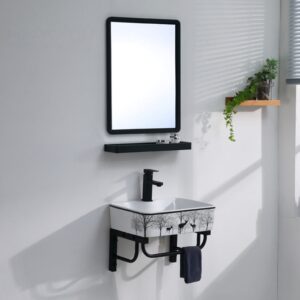 Bộ lavabo treo tường kiểu vuông LT3748 thiết kế hiện đại nhiều màu sắc và họa tiết để lựa chọn đã có gương và kệ gương Bộ lavabo treo tường hươu nai