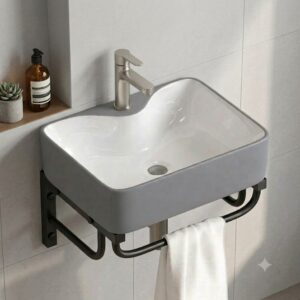 Bộ lavabo treo tường kiểu vuông LT3748 thiết kế hiện đại nhiều màu sắc và họa tiết để lựa chọn đã có gương và kệ gương Lavabo treo tường màu xám lòng trắng