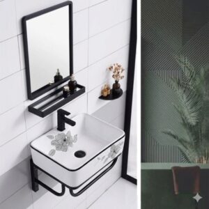 Bộ lavabo treo tường kiểu vuông LT3748 thiết kế hiện đại nhiều màu sắc và họa tiết để lựa chọn đã có gương và kệ gương Bộ lavabo treo tường hoa đen