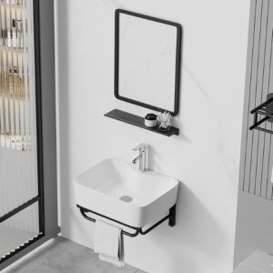 Bộ lavabo treo tường kiểu vuông LT3748 thiết kế hiện đại nhiều màu sắc và họa tiết để lựa chọn đã có gương và kệ gương Bộ lavabo treo tường màu trắng