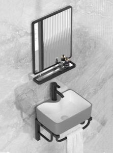 Bộ lavabo treo tường kiểu vuông LT3748 thiết kế hiện đại nhiều màu sắc và họa tiết để lựa chọn đã có gương và kệ gương Bộ lavabo treo tường màu xám lòng trắng