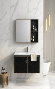 Bộ tủ lavabo treo tường đen vân mây kích thước 60x47cm giúp nhà tắm gọn gàn ngăn nắp làm từ khung nhôm chắc chắn Bộ tủ lavabo treo tường màu đen vân mây