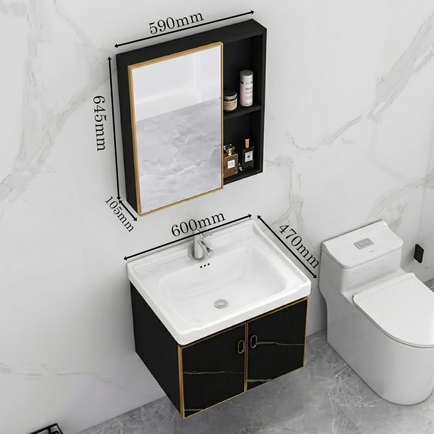 Bo tu lavabo treo tuong mau den van may giup nha tam ngan nap gon gan hon Kích thước bộ tủ lavabo treo tường màu đen vân mây