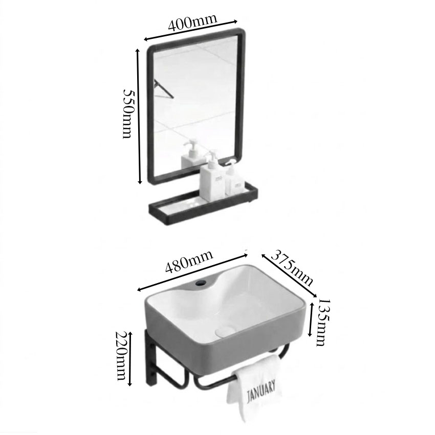 Bo lavabo treo tuong mau xam long trang tich hop guong Kích thước bộ lavabo treo tường màu xám lòng trắng