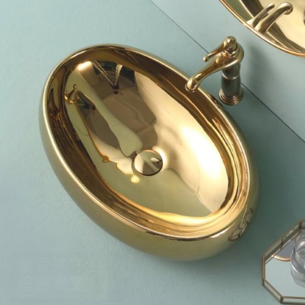 Chậu lavabo mạ vàng hình elip sang trọng