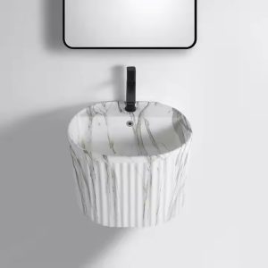 Lavabo treo tường màu trắng vân đá kiểu oval