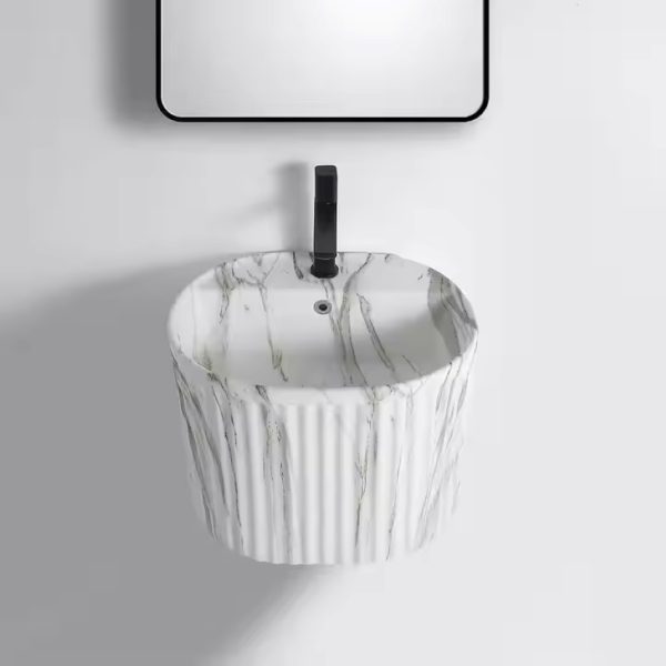 Lavabo treo tường màu trắng vân đá kiểu oval