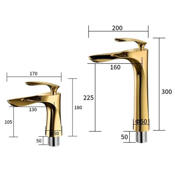 vòi lavabo nóng lạnh kiểu chiếc lá màu vàng bóng – bản cao 300mm (tầm với 160mm, dài 200mm), bản thấp 180mm (tầm với 130mm, dài 170mm), đế Ø50