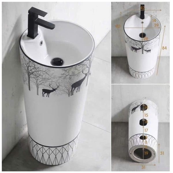 Lavabo trụ đứng họa tiết hươu nai M522H