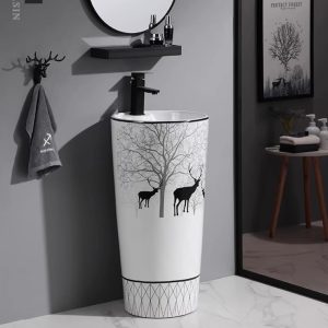Lavabo trụ đứng họa tiết hươu nai đặt sàn, men sứ bóng, phối vòi đen