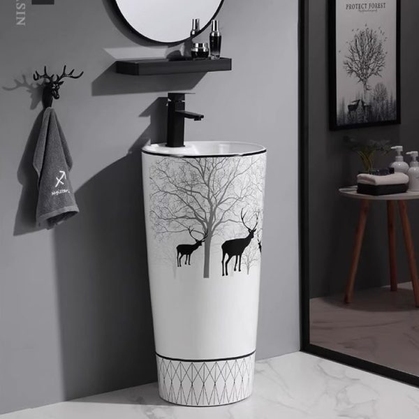 Lavabo trụ đứng họa tiết hươu nai đặt sàn, men sứ bóng, phối vòi đen