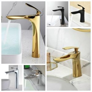vòi lavabo nóng lạnh kiểu chiếc lá – phiên bản cao & thấp; màu crom trắng bóng, đen mờ, vàng bóng; phong cách sang trọng cho phòng tắm