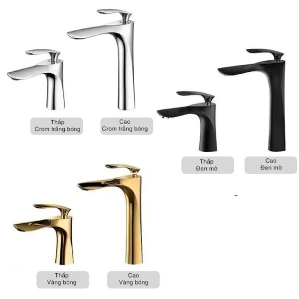 vòi lavabo nóng lạnh kiểu chiếc lá – phiên bản cao & thấp; màu crom trắng bóng, đen mờ, vàng bóng; phong cách sang trọng cho phòng tắm