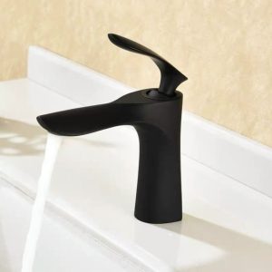 vòi lavabo nóng lạnh kiểu chiếc lá đen mờ bản thấp cho chậu âm bàn