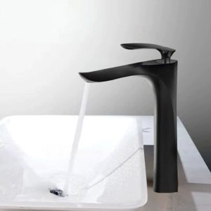 vòi lavabo nóng lạnh kiểu chiếc lá màu đen mờ (matte black), bản cao lắp chậu đặt bàn,