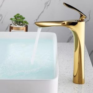 vòi lavabo nóng lạnh kiểu chiếc lá màu vàng bóng, bản cao lắp chậu đặt bàn