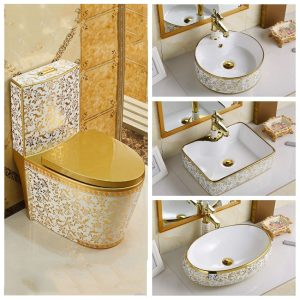 Vòi lavabo nóng lạnh mạ vàng V30P thân sứ họa tiết cao cấp combo thiet bi ve sinh ma vang hoa tiet hoa vang