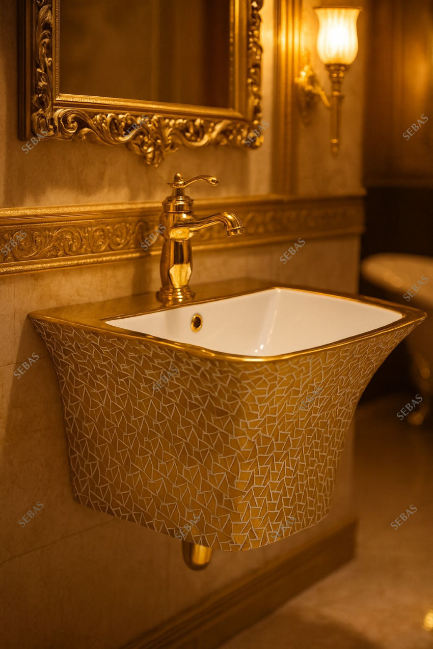 Lavabo treo tuong ma vang kieu lien khoi hoa van sang trong Lavab treo tường mạ vàng hoa văn sang trọng