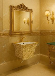 Lavabo treo tường mạ vàng W22G kiểu liền khối Lavabo treo tường mạ vàng hoa van sang trọng