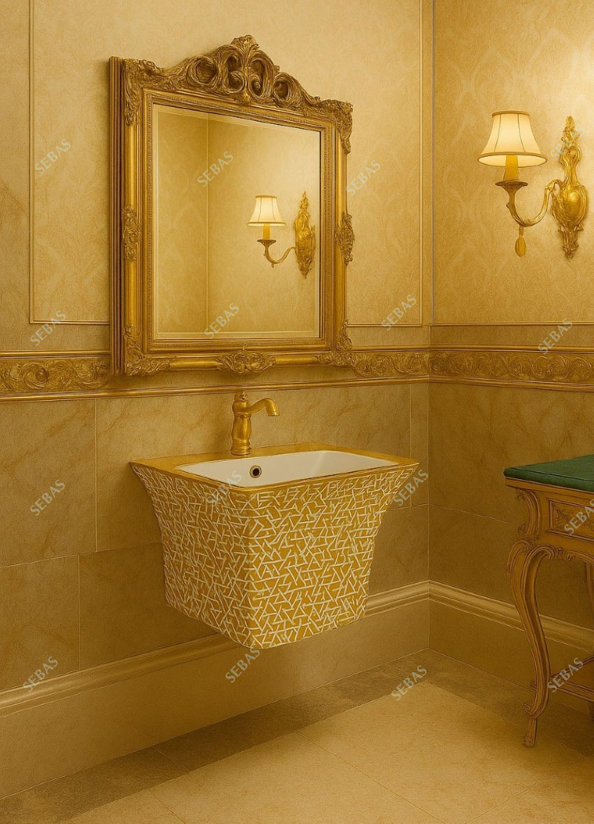 Lavabo treo tuong ma vang kieu lien khoi hoa van sang trong Lavabo treo tường mạ vàng sang trọng W22G