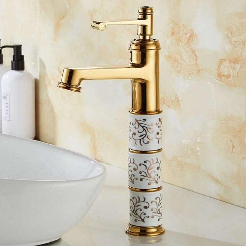 Voi lavabo nong lanh ma vang V30P than cao Vòi lavabo mạ vàng thân cao