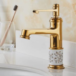 Vòi lavabo nóng lạnh mạ vàng V30P thân sứ họa tiết cao cấp Vòi lavabo mạ vàng thân thấp