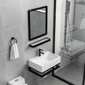 Gương nhà tắm viền nhôm màu đen kèm kệ