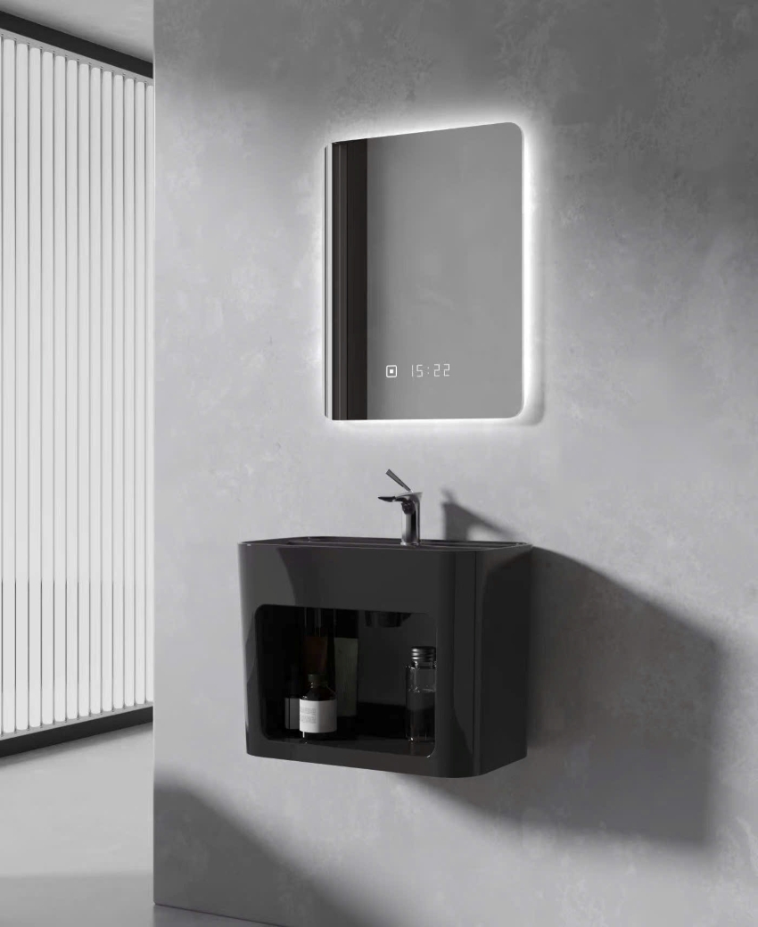 Lavabo treo tuong mau den co ngan chua do phu hop khong gian nha tam nho gon Lavabo treo tường màu đen có ngăn chứa đồ