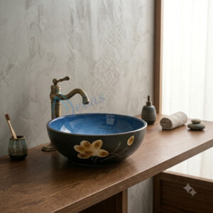 Lavabo nghe thuat gom su hoa vang dat ban go