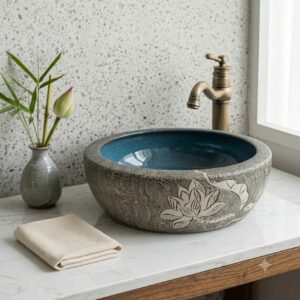 Chậu lavabo nghệ thuật màu xám lòng xanh dương