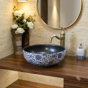 Chậu rửa lavabo nghệ thuật họa tiết xanh trắng