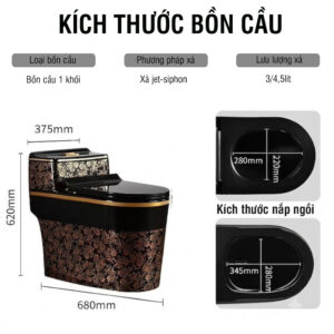 Bồn cầu đen hoa vàng liền khối B3862G phong cách hoàng gia Kích thước bồn cầu đen hoa vàng